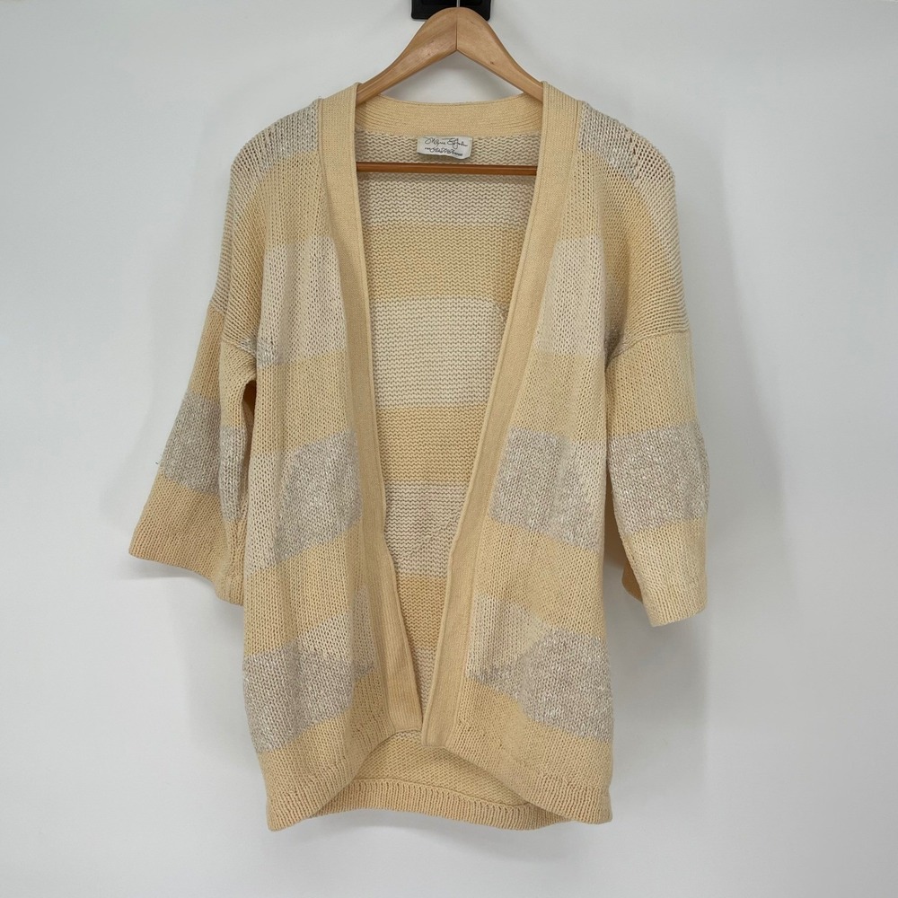 Vintage ST JOHN Striped Cardigan Marie Gray Knit Open Front Beige Sweater Size L